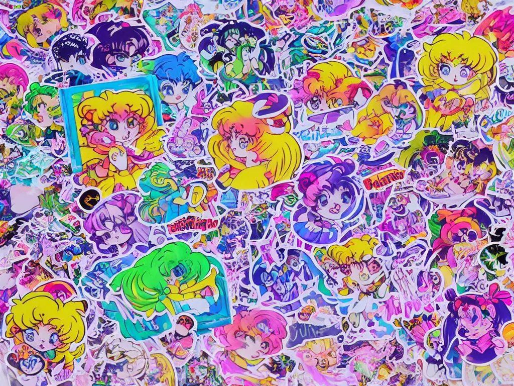 Prompt: a school notebook covered in stickers holographic stickers sailor moon lisa frank glow-in-the-dark high school middle school doodles on the cover