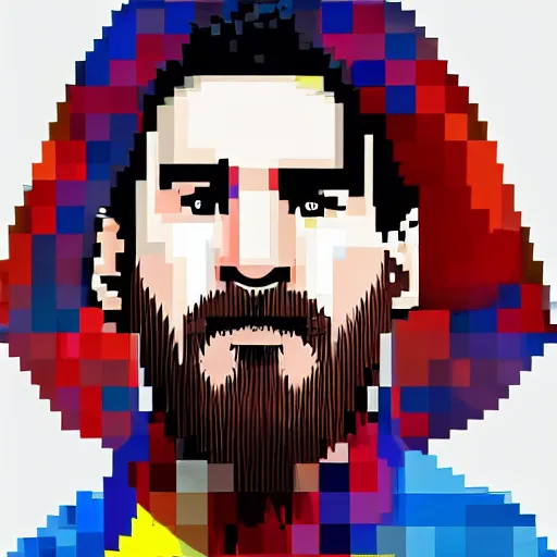 Image similar to Close-up portrait of Lionel Messi, long silver hair with a long beard, big nose, wearing a barca cape, katsuhiro tomo, pixel art