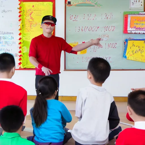 Prompt: kazakh guy with glasses in a red baseball cap teaching kids in school