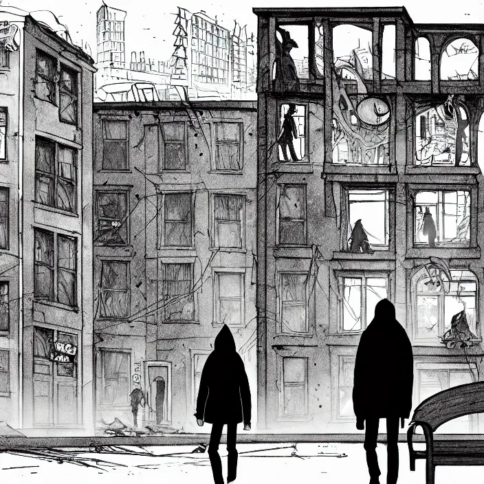 Image similar to storyboard panel : sadie sink in hoodie sits on bench in ruined square, pedestrians walk by, steampunk tenement windows in background. scifi cyberpunk. by gabriel hardman. cinematic atmosphere, detailed and intricate, perfect anatomy