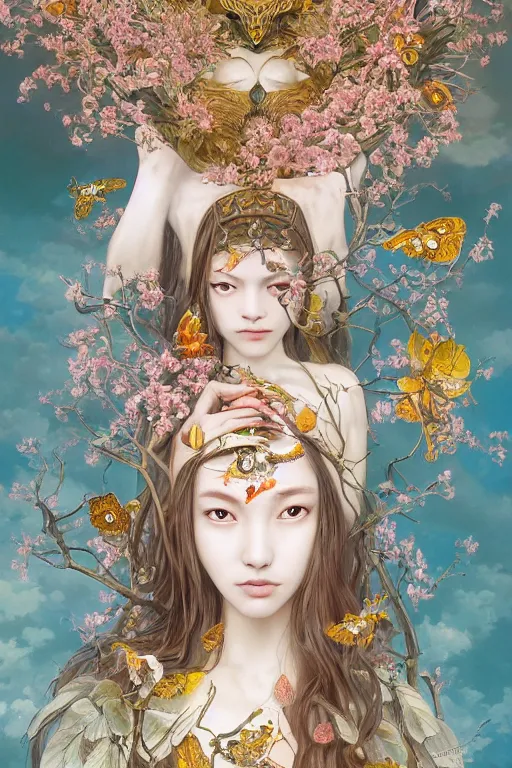 Image similar to breathtaking detailed concept art painting of the goddess of moth, orthodox saint, with anxious, piercing eyes, ornate background, amalgamation of leaves and flowers, by Hsiao-Ron Cheng, James jean, Miho Hirano, Hayao Miyazaki, extremely moody lighting, 8K