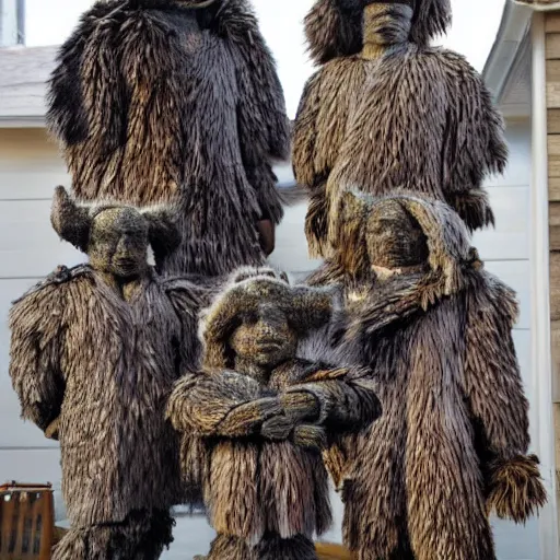 Prompt: group of five looming figures with fur skins, they create a dark court yard of a small house