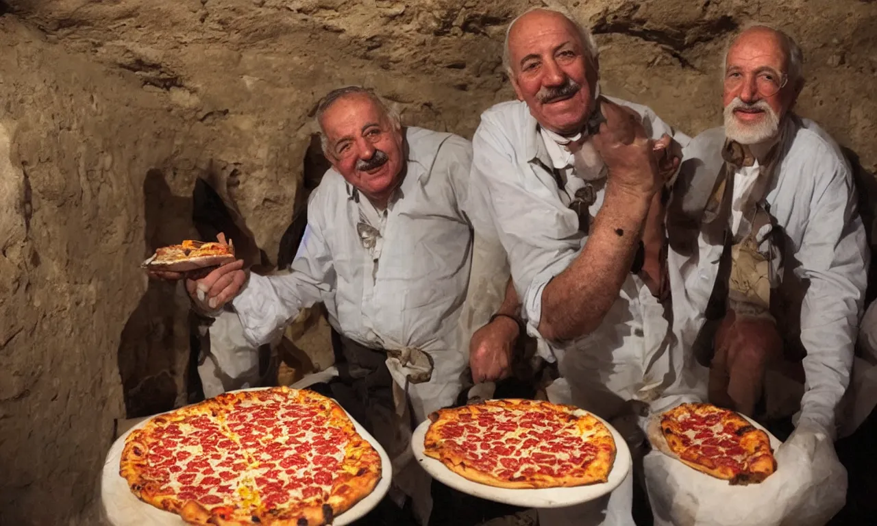 Image similar to Egyptologist Howard Carter excited to discover Pepperoni Pizza in Tutankhamun's tomb, Photorealistic, Photographic, Colorized