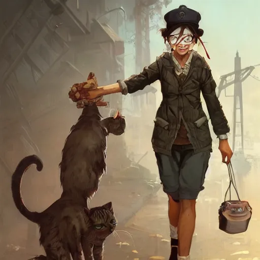 Prompt: character concept art of a haggard crazy cat lady, key visual, realistic shaded perfect face, fine details, dystopian environment and background, by stanley artgerm lau, wlop, rossdraws, james jean, andrei riabovitchev, marc simonetti, and sakimichan, trending on artstation in disco elysium