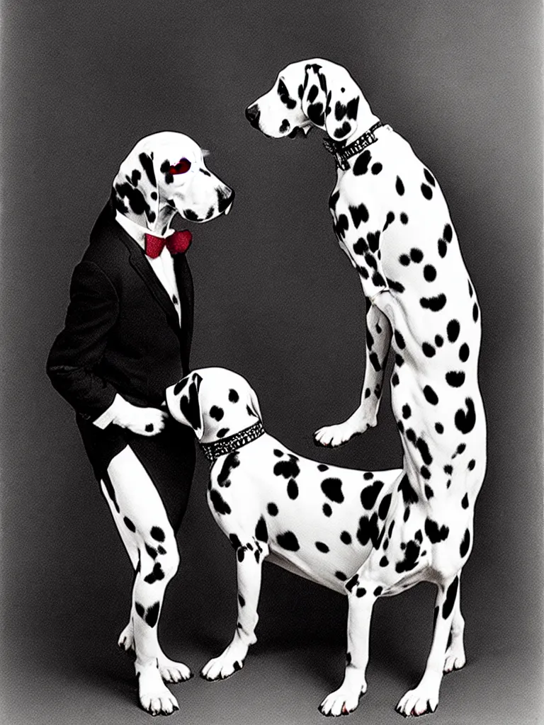 Image similar to a photograph of a dalmatian standing seductively in front of an aristocratic gentleman