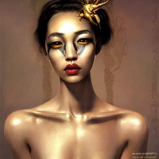 Prompt: Kiko Mizuhara body and face painted gold all over, physically accurate, very very very dramatic dynamic lighting, intricate, elegant, highly detailed, digital painting, artstation, very hyperrealistic, HR GIGER, Hieronymus Bosch, Francis Bacon, concept art, smooth, sharp focus, illustration, art by artgerm and greg rutkowski and alphonse mucha