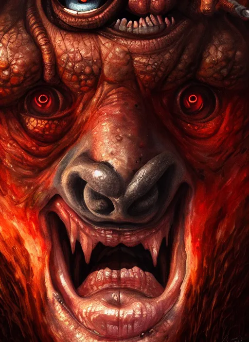 Image similar to close up portrait of a monster in the mountains of hell, one mouth, one nose, two eyes, oil painting by tomasz jedruszek, cinematic lighting, pen and ink, intricate line, hd, 4 k, million of likes, trending on artstation