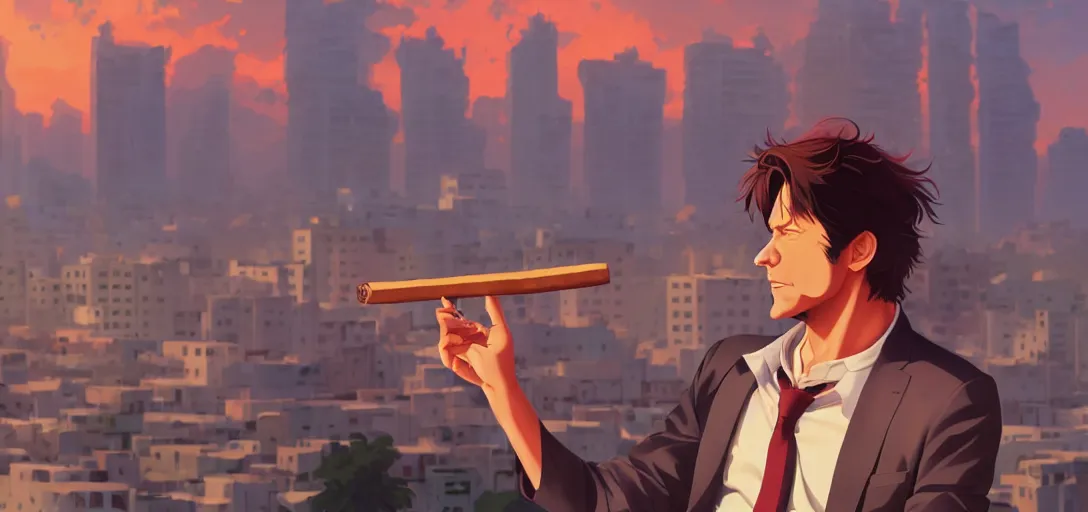 Image similar to ⁠portrait of Imran Khan Smoking a cigar , Karachi skyline background, rich vivid colors, ambient lighting, dynamic lighting, 4k, HQ, official media, anime key visual, makoto shinkai, ilya kuvshinov, lois van baarle, rossdraws, detailed, trending on artstation