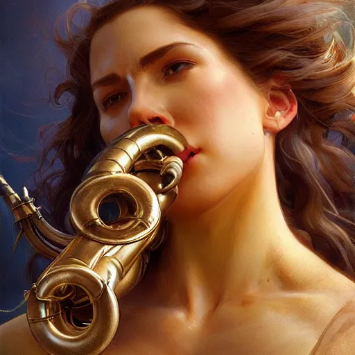 Image similar to a strange blowing horn, d & d, fantasy, intricate, elegant, highly detailed, digital painting, artstation, concept art, smooth, sharp focus, illustration, art by artgerm and greg rutkowski and alphonse mucha