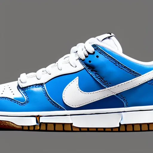 Prompt: a press photograph of nike dunk low baby blue and white