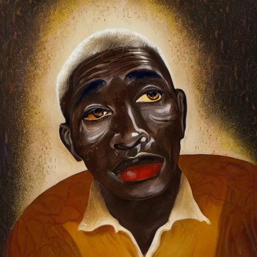 Image similar to a painting of a elegant, well fed, smooth-chinned, long nose, African old man with few eyebrows by Wangechi Mutu . thinker without facial hair, thoughtful, focused, visionary, calm, jovial, loving, fatherly, generous, . dramatic angle, ethereal lights, details, smooth, sharp focus, illustration, realistic, cinematic, artstation, award winning, rgb , unreal engine, octane render, cinematic light, macro, depth of field, blur, red light and clouds from the back, highly detailed epic cinematic concept art CG render made in Maya, Blender and Photoshop, octane render, excellent composition, dynamic dramatic cinematic lighting, aesthetic, very inspirational, arthouse.