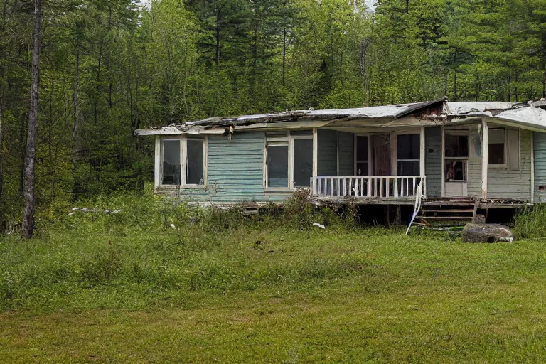 Image similar to a solitary 1 9 6 0 s bungalow style cottage [ heavily damaged with age ] on raven lake, near the outskirts of halifax, ns. hd photography, realistic, inspired by gregory crewdson.