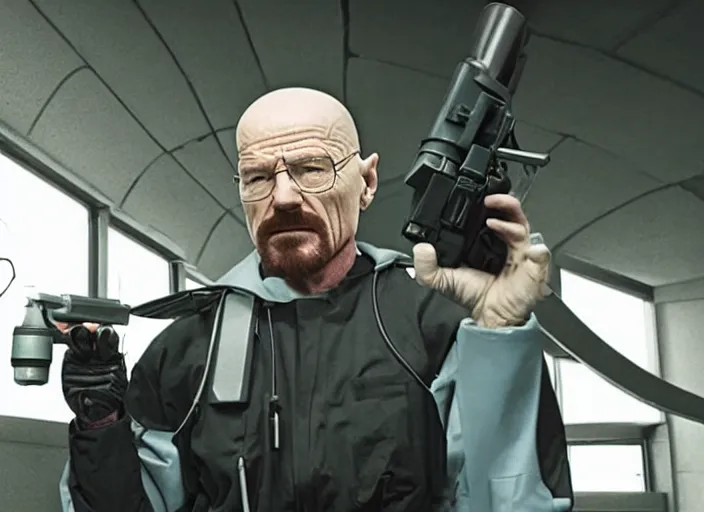 Prompt: film still of Walter White as Gordan Freeman wearing Black Mesa Jumpsuit holding a gravity gun in the Half Life Movie, 4k