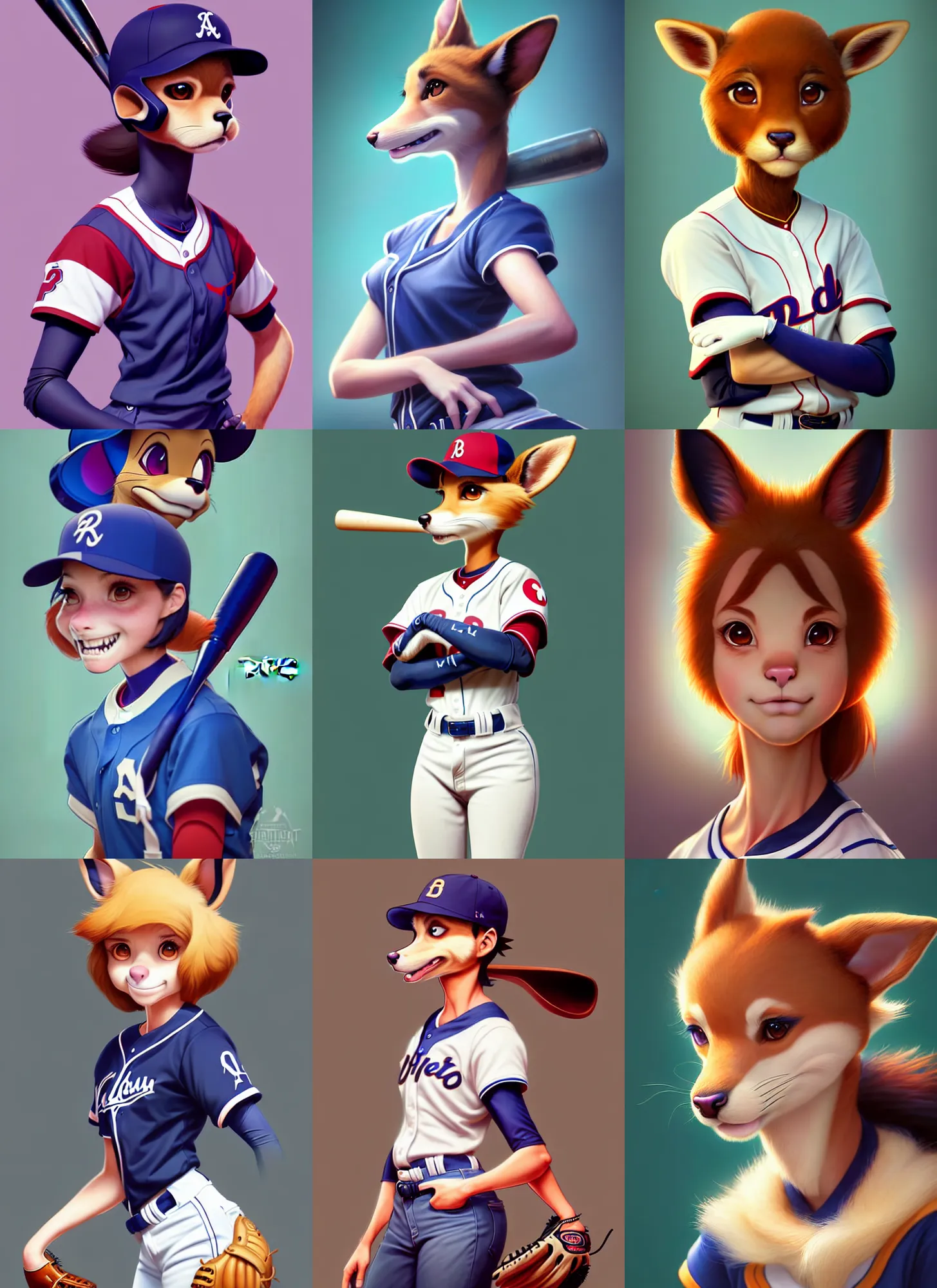 Prompt: beautiful portrait of a female anthropomorphic doe fursona baseball player. character design by disney, charlie bowater, ross tran, artgerm, and makoto shinkai, detailed, soft lighting, rendered in octane