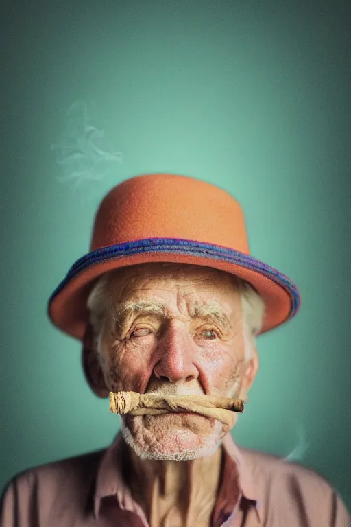 Image similar to insanely moody vaporwave portrait of an old man with hat smoking cigar, motion blurred background, teal and orange colors, vaporwave, photorealism, cinema still, photography, porcelain skin, wrinkles, smooth, volumetric studio lighting, portrait photography, award winning photography, insane details, 8 k high definition, artstation