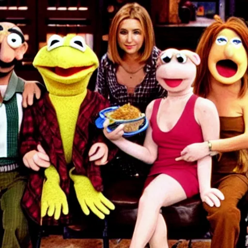 Prompt: the cast of Friends as muppets in a cafe