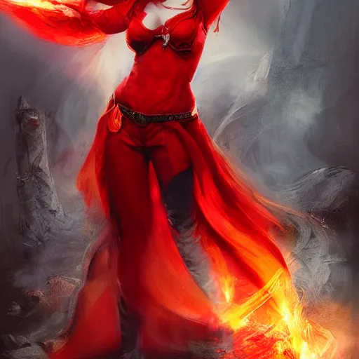 Prompt: a beautiful painting of a redhead fire sorceress with a red outfit by Raymond Swanland