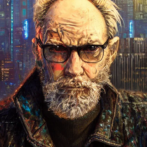 Prompt: cyberpunk, closeup portrait of a shaggy old cyberpunk broker, bald, tired eyes, tattered tweed jacket, dramatic light, city background, sunset, dystopian setting, high contrast, sharp, neuromancer, the finn, painted by stanley lau, painted by greg rutkowski, painted by stanley artgerm, digital art, trending on artstation