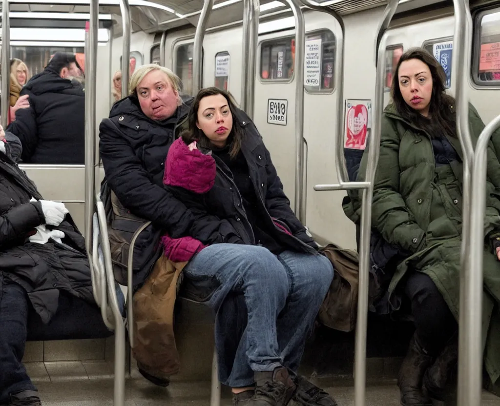 Image similar to a sad woman in a parka who looks like a cross between Chloe Sevigney and Aubrey Plaza, sits next to a slightly overweight friendly middle-aged German businessman, with short blond hair and a mustache, in a Chicago subway train, medium shot from a 3/4 angle, showing full figures, drawn in the style of Daniel Clowes and Adrian Tomine and Gabrielle Bell