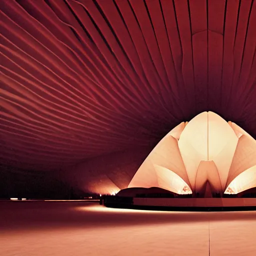 Prompt: eerie dark interior of a futuristic lotus temple with gold, red and white marble panels, in the desert, by buckminster fuller and syd mead, intricate contemporary architecture with art nouveau motifs, photo journalism, photography, cinematic, national geographic photoshoot