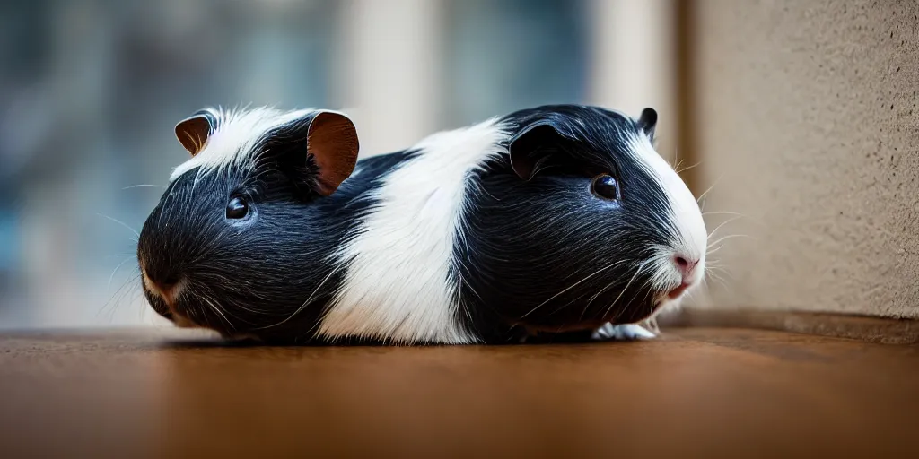 Image similar to a guinea pig sits looking out the window at night, watching cars go by on a road in Paris, 4k photorealism