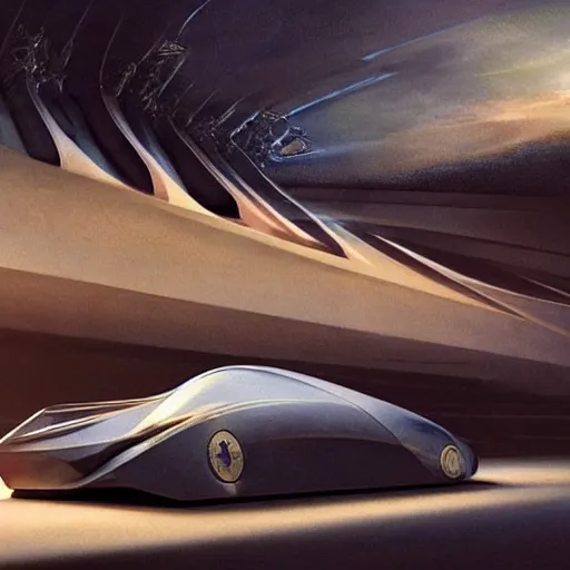 Image similar to sci-fi organic zaha hadid car 50% size and wall structure in the coronation of napoleon painting by Jacques-Louis David and in the blade runner 2049 film search pinterest keyshot product render 4k in dark plastic