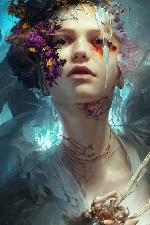 Prompt: face closeup of beautiful girl necromancer, witch - doctor exploding into flowers, angels, 3 d render, hyper - realistic detailed portrait, holding fire and electricity, leaves and magic, ruan jia, wlop. scifi, fantasy, magic the gathering, hyper detailed, octane render, concept art, peter mohrbacher