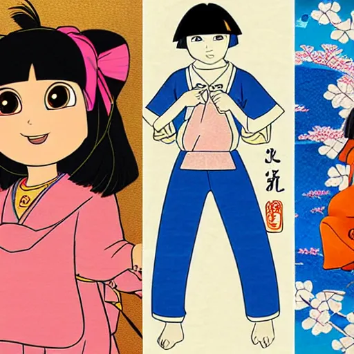 Image similar to real girl dora the explorer and boot the monkey ukiyo-e highly detailed