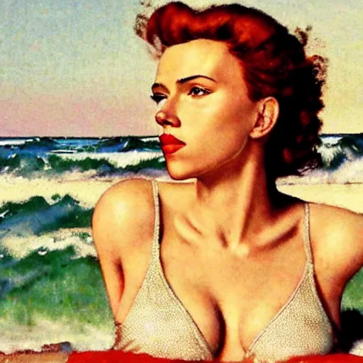 Prompt: Portrait still photograph of Scarlett Johansson wearing a swimsuit at the beach by Norman Rockwell, detailed, textured, golden hour, beach setting, medium shot, mid-shot, trending on Artstation