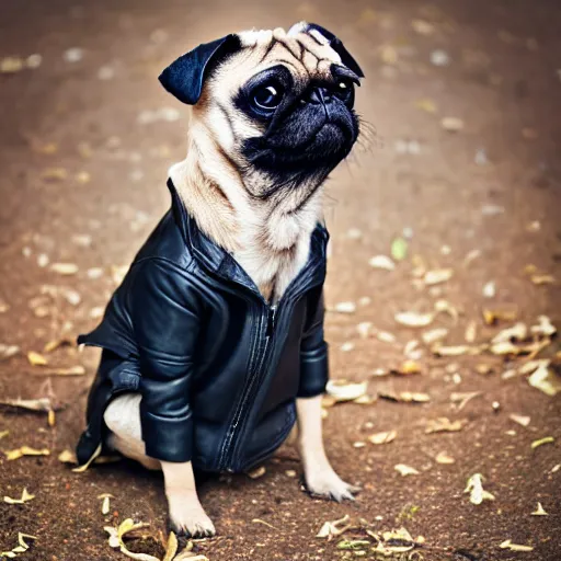 Prompt: photograph of a pug wearing a leather jacket smoking a cigarette