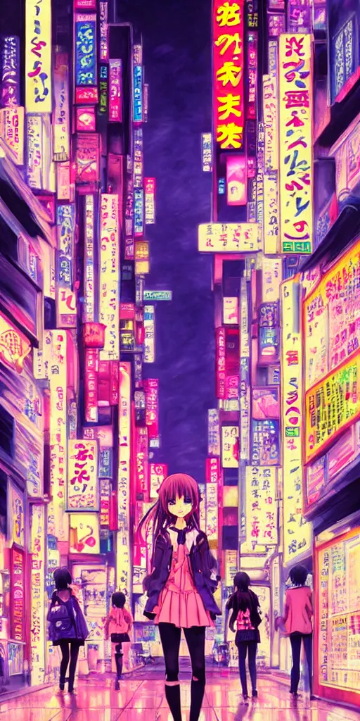 Image similar to a realistic painting of an anime girl crossing a crowded street at night in the city of tokyo. Gorgeous colors and neon light. .