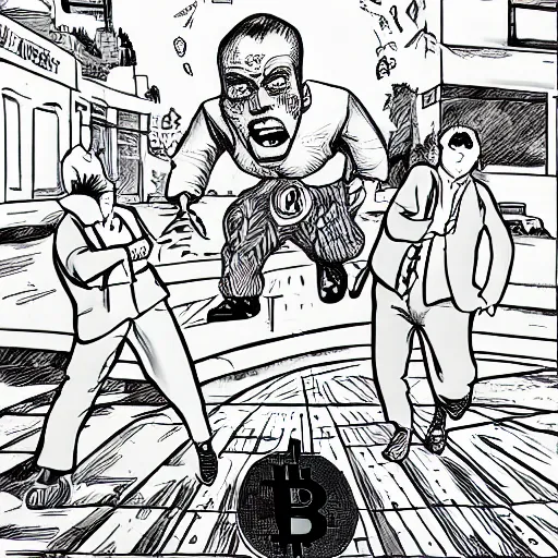 Prompt: people running away scared from a giant with bitcoin head, comic art, 8k