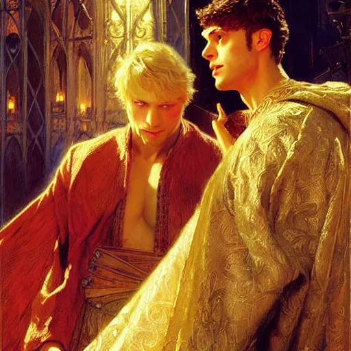 Image similar to handsome arthur pendragon in love with handsome merlin the mage. merlin is also in love with arthur. highly detailed painting by gaston bussiere, craig mullins, j. c. leyendecker