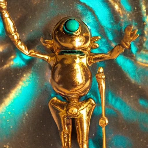 Image similar to teal green cyan and gold arcturian annunaki liquid metal bismuth andromedan martian telosian alien humanoid person 5 5 mm photography footage slightly glowing, ominous, hyperdetailed, maximalist