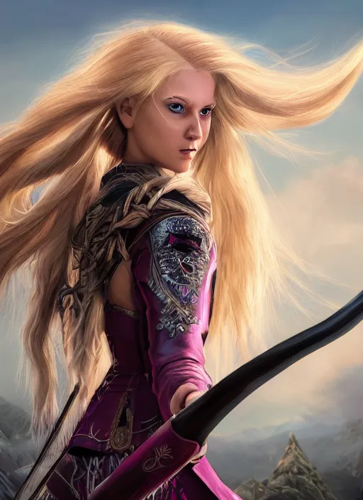 Image similar to An epic fantasy comic book style portrait painting of a young girl with long blonde hair and blue eyes. Wearing brown and magenta leather tribal combat clothes. She is holding hunting bow. Unreal 5, DAZ, hyperrealistic, octane render, cosplay, RPG portrait, dynamic lighting