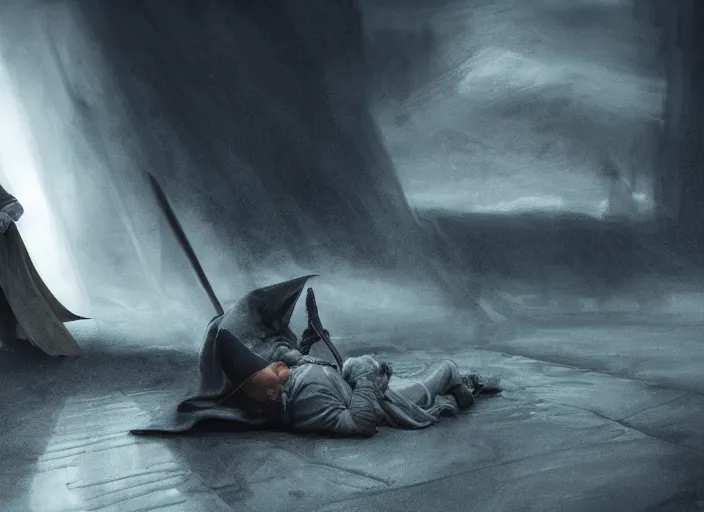 Prompt: gandalf lying on the floor next to darth vader, beautiful landscape, dramatic lighting, cinematic, establishing shot, night time, heavy rain, extremly high detail, photorealistic, cinematic lighting, post processed, concept art, artstation, matte painting, style by greg rutkowsky