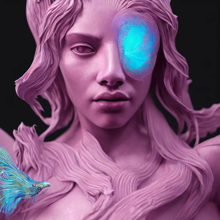 Image similar to goddess full painted acryllic sculpture close-up portrait. orchid bird phoenix jellyfish betta fish, intricate artwork by Tooth Wu and wlop and beeple. octane render, trending on artstation, greg rutkowski very coherent symmetrical artwork. cinematic, hyper realism, high detail, octane render, 8k