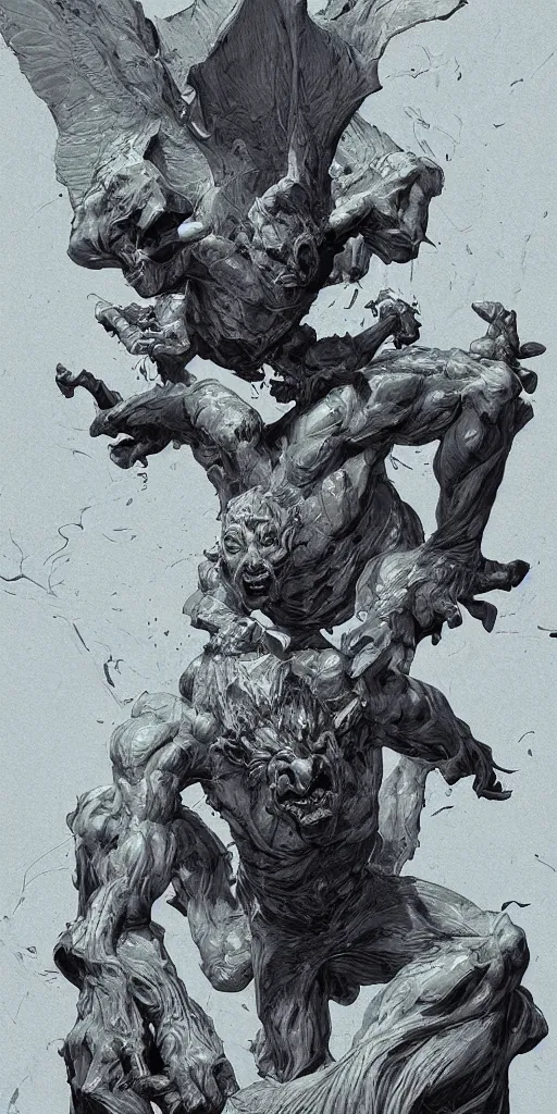 Image similar to highly detailed beautiful photography of flying gargoyle with human face, sharp focus, dynamic lighting, elegant, harmony, beauty, masterpiece, by roberto ferry, by james jean, by craig mullins, by makoto shinkai, by greg tocchini, moebius, illustration, ink draw, pen, blue background