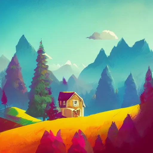 Image similar to dreamy landscape, colorful trees, little cottage, mountains, by Anton fadeev