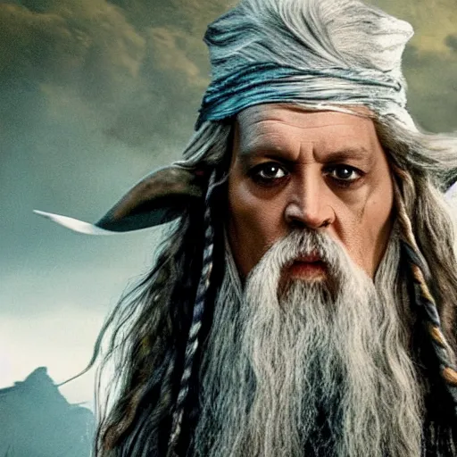 Prompt: Johnny Depp as Gandalf in the movie Lord of the Rings 8k hdr movie still