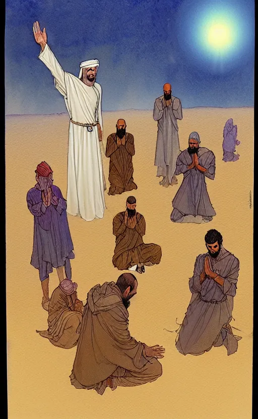 Image similar to a hyperrealist watercolour character concept art portrait of a group of middle eastern men kneeling down in prayer in front of a giant angel on a misty night in the desert. a ufo is in the background. by rebecca guay, michael kaluta, charles vess and jean moebius giraud