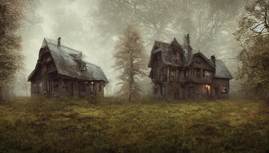 Image similar to abandoned wooden 1 9 0 0's house in german forest, rainy evening, muddy ground, hyperdetailed, artstation, cgsociety, 8 k