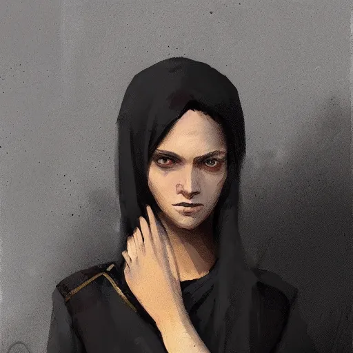 Image similar to a medieval spy from sri lanka, female, black clothes, clever and hopeful, out for revenge, sci fi character portrait by Greg Rutkowski, Craig Mullins