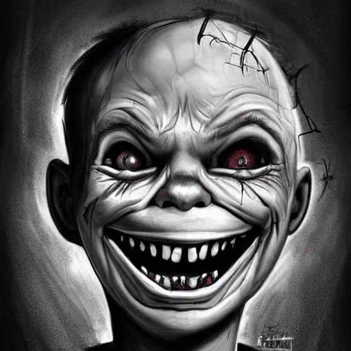 Image similar to surrealism grunge cartoon portrait sketch of chucky with a wide smile, by michael karcz, loony toons style, freddy krueger style, horror theme, detailed, elegant, intricate