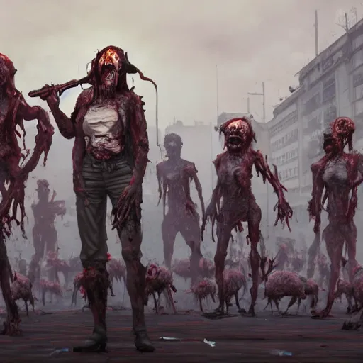 Image similar to Zombie horde standing on street of postapo city, symmetrical artwork ultra HD, 4k, concept art by Artgerm and Greg rutkowski, trending on artstation HQ, octane render