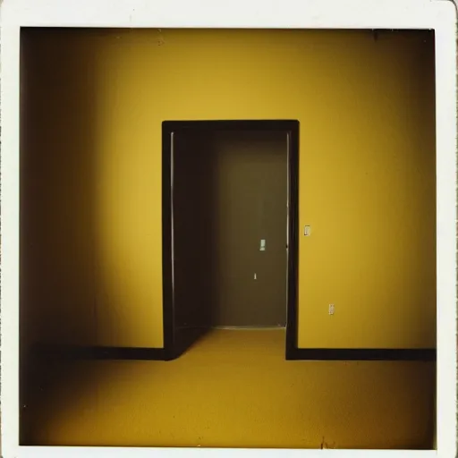 Prompt: polaroid photo of backrooms liminal space with yellow walls and yellow carpet dark, moody, scary