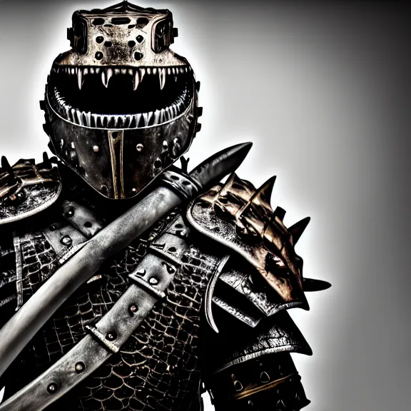 Image similar to photo of a warrior with metal crocodile theme armour, 4 k, hdr, smooth, sharp focus, high resolution, award - winning photo