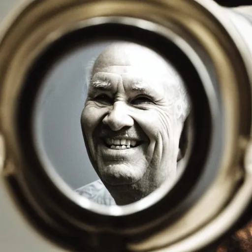 Image similar to a smiling old man seen through a mirror