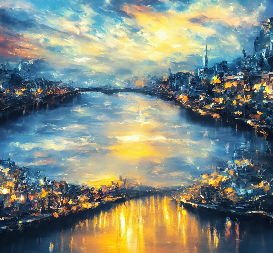 Prompt: sunny day river landscape light city in cloudy sky, acrilic paint, brush paint, heavenly atmosphere, paint, ultra detailed, beautiful image, resolution, artstation