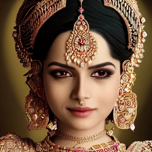 Image similar to portrait of hindi princess with diamond jewelry, ornate, 8 k, gorgeous, intricate, detailed, glowing white accent lighting, dramatic lighting, octane render